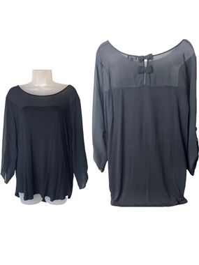 Zenobia Long Sleeve Mesh Trim Bow Back Top Blouse Black 2XL Office Whimsigoth